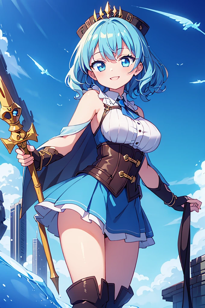 Fantasy,((Masterpiece)),((high resolution)),((Best Quality)),Anime illustration,((1girl)),(wavy hair),(short hair),(pale blue hair color),small ponytail,headband,Big, round, blue eyes,Droopy eyes,15 years old,baby face and big breasts,(big breasts),Short stature,,ice wizard,sleeveless white blouse,Blue mini skirt,slit,Brown corset,brown capelet,smile,,Brown long boots,wizard's wand with blue gem,