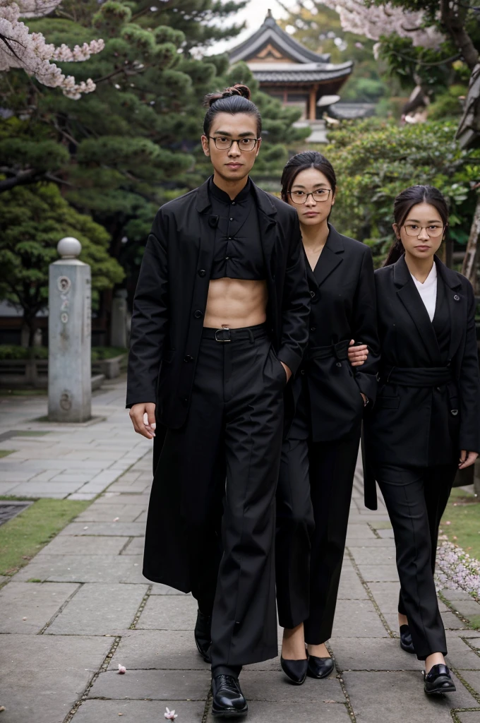 a young man wearing glasses from Indonesia, man bun, wearing a black coat, black shirt, black trousers, shoes, holding two beautiful women, the first woman wearing Chinese clothes, the second woman wearing a kimono, walking, full body, cherry blossom garden in the background, realistic, looks real, ultra HD, perfect lighting, angle from below