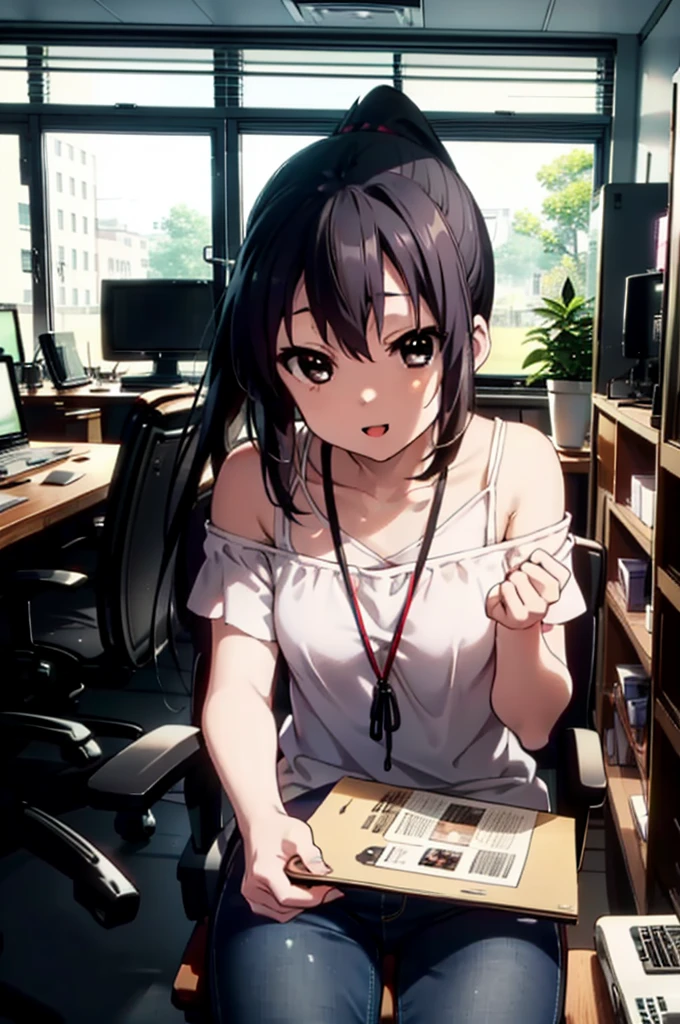 meet, Azusa Nakano, Black Hair, (Brown eyes:1.5), Long Hair, ponytail,Cold shoulder tops,Short sleeve,Skinny jeans,Stiletto heels,happy smile, smile, Open your mouth,interior,There is a computer on the table,Walking,So that the whole body goes into the illustration,昼間
break indoors, office,
break looking at viewer,
break (masterpiece:1.2), Highest quality, High resolution, unity 8k wallpaper, (figure:0.8), (Beautiful attention to detail:1.6), Highly detailed face, Perfect lighting, Highly detailed CG, (Perfect hands, Perfect Anatomy),