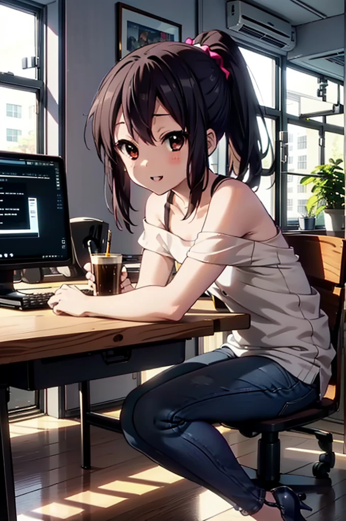 meet, Azusa Nakano, Black Hair, (Brown eyes:1.5), Long Hair, ponytail,Cold shoulder tops,Short sleeve,Skinny jeans,Stiletto heels,happy smile, smile, Open your mouth,interior,There is a computer on the table,Walking,So that the whole body goes into the illustration,昼間
break indoors, office,
break looking at viewer,
break (masterpiece:1.2), Highest quality, High resolution, unity 8k wallpaper, (figure:0.8), (Beautiful attention to detail:1.6), Highly detailed face, Perfect lighting, Highly detailed CG, (Perfect hands, Perfect Anatomy),