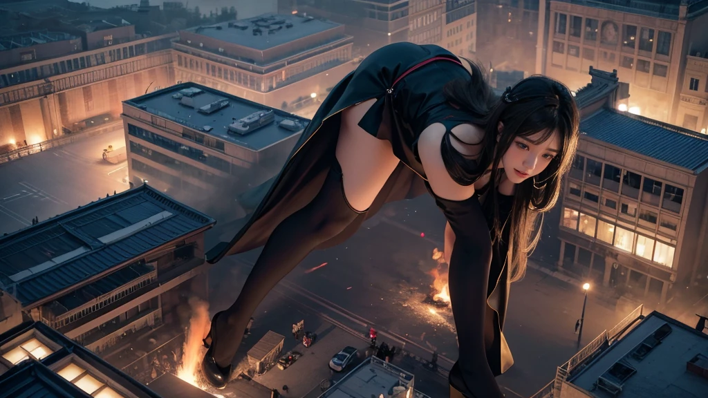 Aerial View,from above,giantesscity,giant girl 50 feet high,Have a pair of ultra long legs,(bending down),(antevert),a pair of huge breasts,Princess,mini skirt,black silk socks,Has black waist-length hair,Wearing a pair of Mary Jane heels,A look of enjoyment,standing on a ruins,Beautiful appearance,Exquisite makeup,quality,8k,高quality,Perfect proportion, Cinema lighting,film grain,Fuji colors,8k,textured skin,Super details,high detail,high quality,high resolution,explode,fake smile
