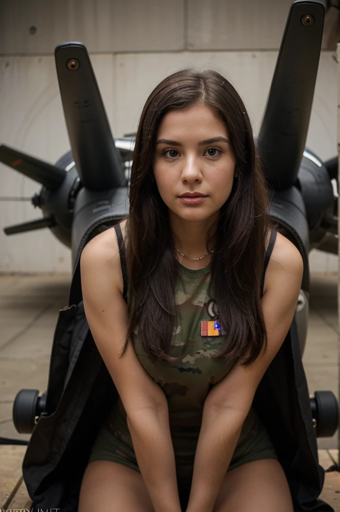 1girl in, 30 years old, Square face, Long hair, Looking at the viewer, jewelry, Realistic, Sexy, military combat outfit, military weapon background tank-plane-artillery-gun, private free position