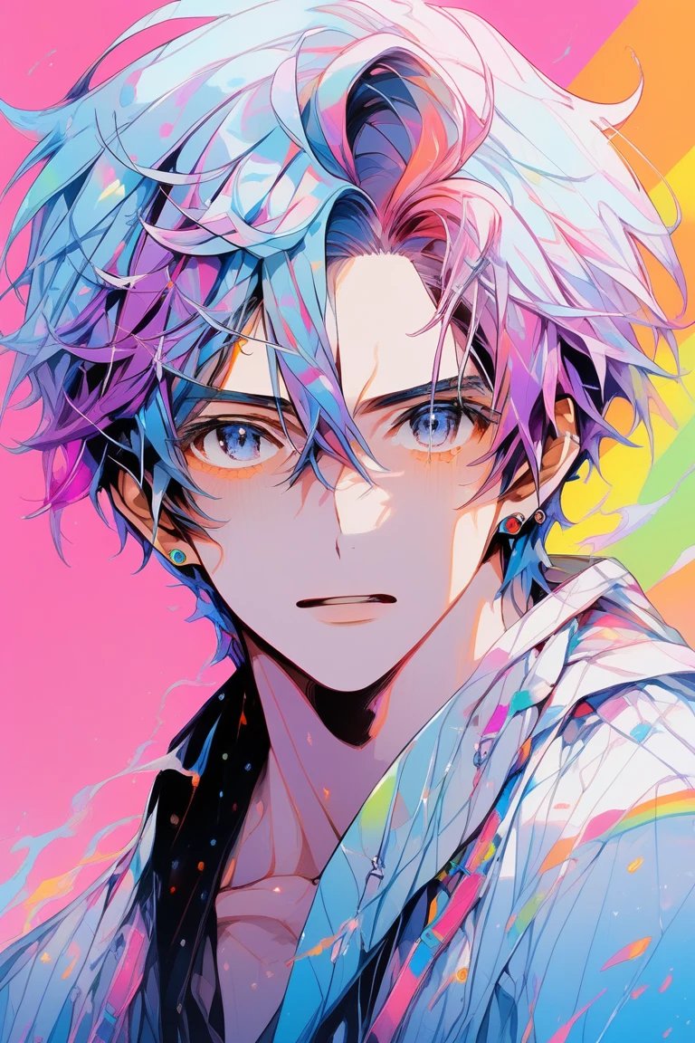 (Realistic:1.1),light blue ,Oil Color,(One boy ),,lip, Laryngeon,Rice bran, Rust gradient background, Fluorescent purple hair,Shag Hair, ,, (masterpiece,Highest quality,Rainbow Style)