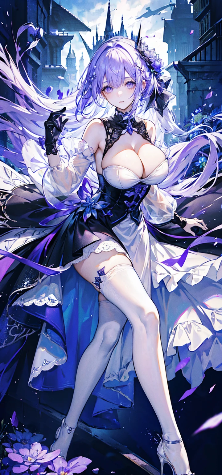 ((masterpiece:1.4,best quality)),(Super detailed),(Extremely detailed eyes),(Shiny socks:1.5),Hello Darkness
(Cute girls),s old,(Blood-red pupils,Diamond-shaped pupil:1.15),Purple Eyeshadow,(elongated hair,Thick hair,Single ponytail,shiny hair:1.5)(Changes through:1.2),despair,sad,Empty eyes,tears streaming down my face,tilting its head to the side,
(She wore a blue dress,:1.5),(Black gloves:1.4)Very long plush sleeves,White,White Cloud,Dream bubbles ,Ice and glitter effects
(Black long skirt:1.1),
((Starry Sky:1.2)),
(Intense black and white:1.16),(Depth of Field:1.4),,Intricate details,(((Detailed background,Castle in the Sky,Purple flowers by the lake))),(((Huge breasts,Bare breasts,Deep cleavage,White stiletto high heels,Transparent clothes)))