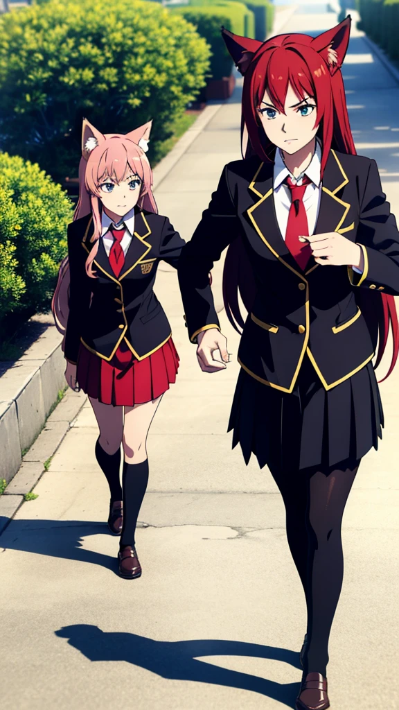 1girl ,20s,mature female,serious,red hair,long hair,fox ears,necktie,black jacket, blazer,long sleeves,pleated skirt,walking,university, blue sky