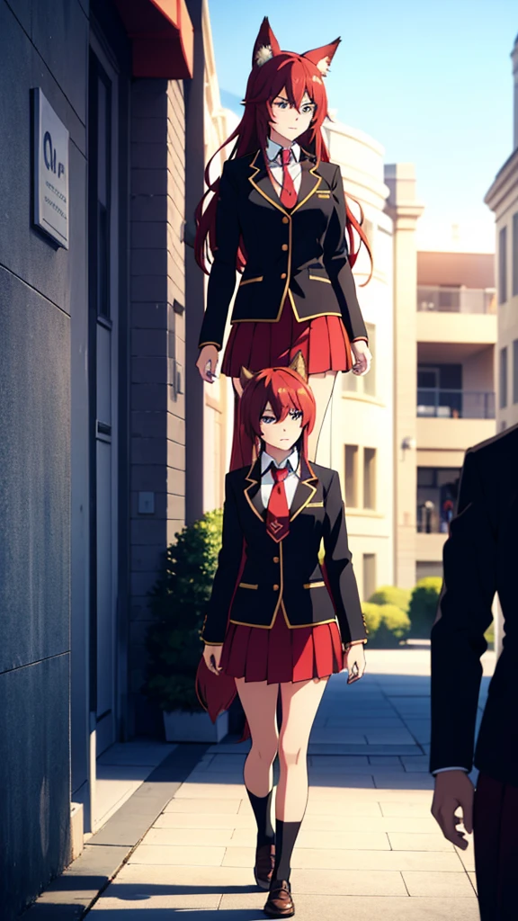 1girl ,20s,mature female,serious,red hair,long hair,fox ears,necktie,black jacket, blazer,long sleeves,pleated skirt,walking,university, blue sky