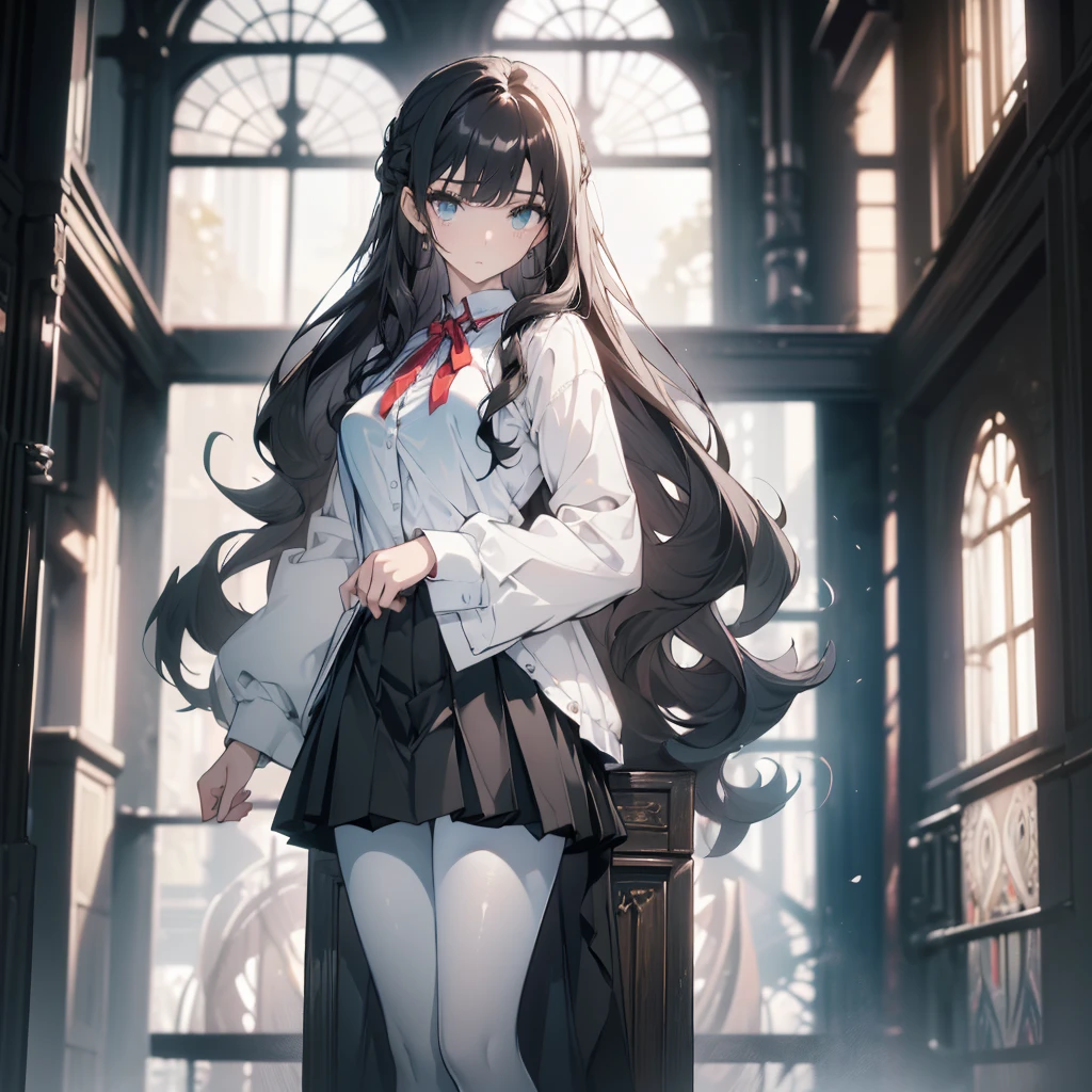 ((masterpiece, best quality)), Delicate face,High School Suit Jacket、Long skirt、JK style,Full body painting,Perfect body proportions,Large Breasts,Long legs,((Long wavy hair)), ((Half of her hair is white,The other half is black,Available in two colors)),beautiful eyes,Fantasy style,Extremely beautiful,transparent,_underwear,Lace,Pantyhose