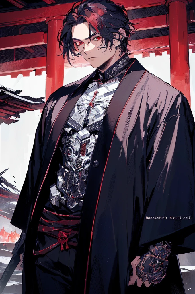 (absurdres, highres, ultra detailed), masterpiece, best quality, a man in a black outfit, red hair, battojutsu stance, sword surrounded by flame, solo, handsome, finely eye, detailed face, short hair, vibrant red eye, ruined city, dark background, from below, look down, cowboy shot, swirl, vortex, spark