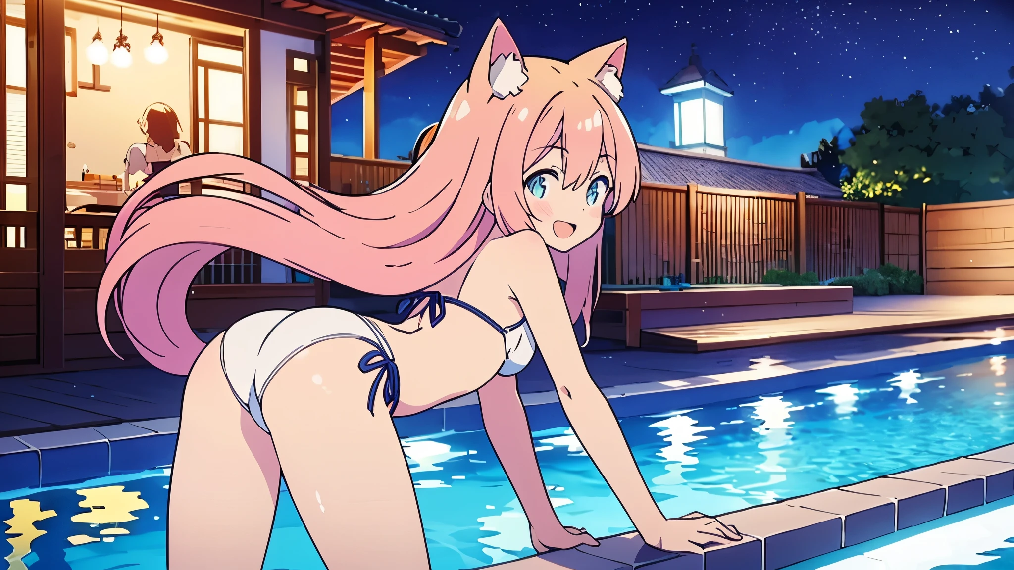 Masterpiece, Best Quality, extremely detailed, cheered up, Cat ears girl ,night pool,high waist bikini,SMILE,:d,action,ass focus