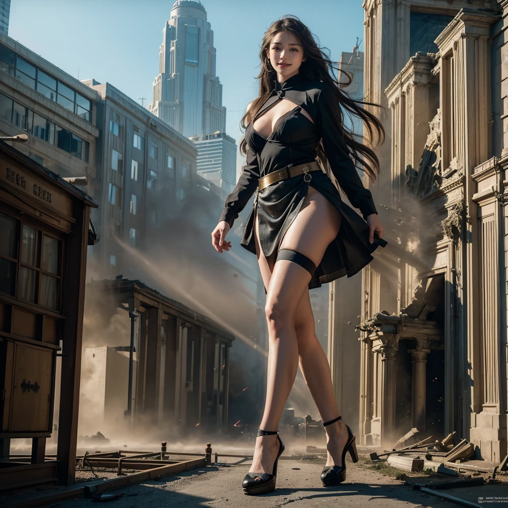 Ground View,giantesscity,giant girl 500 feet high,skyscrapers,Have a pair of ultra long legs,stepping in the crowd,many people in street,a pair of huge breasts,Princess,mini skirt,black silk socks,Has black waist-length hair,Wearing a pair of Mary Jane heels,A look of enjoyment,standing on a ruins,Beautiful appearance,Exquisite makeup,quality,8k,高quality,Perfect proportion, Cinema lighting,film grain,Fuji colors,8k,textured skin,Super details,high detail,high quality,high resolution,explode,fake smile