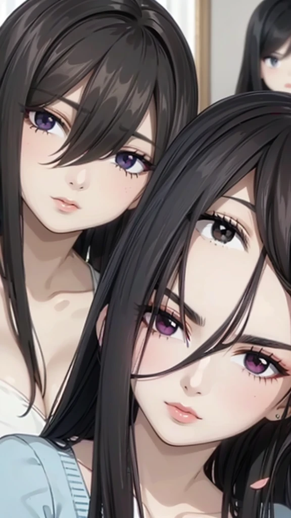 Mommy with 4 daughter,black hair, long hair, (hair over one eye:1.4), messy hair, hair between eyes, chubby cheek,Sexy lips, pucker lips