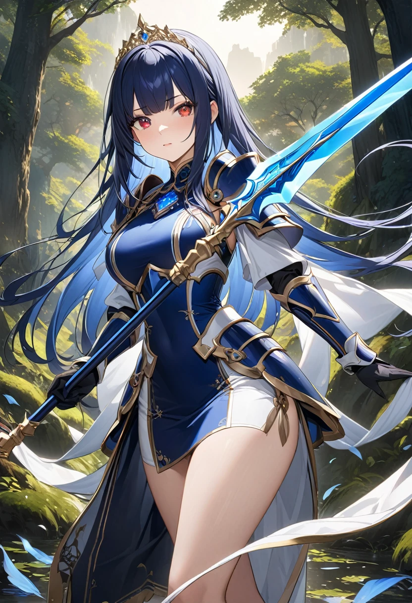 Highest quality、unity 8k wallpaper、32k、masterpiece、Very detailed、Ultra-high resolution、Very detailedな顔, RAW Photos, Professional, Ultra-fine painting, Midnight blue long straight hair、Platinum tiara with blue gemstones、Red Eyes、(Tree Eyes), Cool and sharp features, Hime cut, 20~A female magical warrior, about 24 years old.、White and gold breastplate、Blue and white leotard、(((Blue and white gold-embellished pencil skirt with side armor and long slits)))、Half puff sleeves with shoulder pads、A large white ribbon with a large sapphire on the chest、White and blue long gloves、White and blue thigh-high stiletto boots、whole body、He has a spear with a glowing blue blade