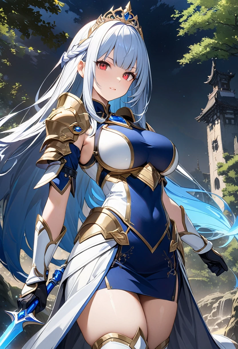 Highest quality、unity 8k wallpaper、32k、masterpiece、Very detailed、Ultra-high resolution、Very detailedな顔, RAW Photos, Professional, Ultra-fine painting, Midnight blue long straight hair、Platinum tiara with blue gemstones、Red Eyes、(Tree Eyes), Cool and sharp features, Hime cut, 20~A female magical warrior, about 24 years old.、White and gold breastplate、Blue and white leotard、(((Blue and white gold-embellished pencil skirt with side armor and long slits)))、Half puff sleeves with shoulder pads、A large white ribbon with a large sapphire on the chest、White and blue long gloves、White and blue thigh-high stiletto boots、whole body、He has a spear with a glowing blue blade