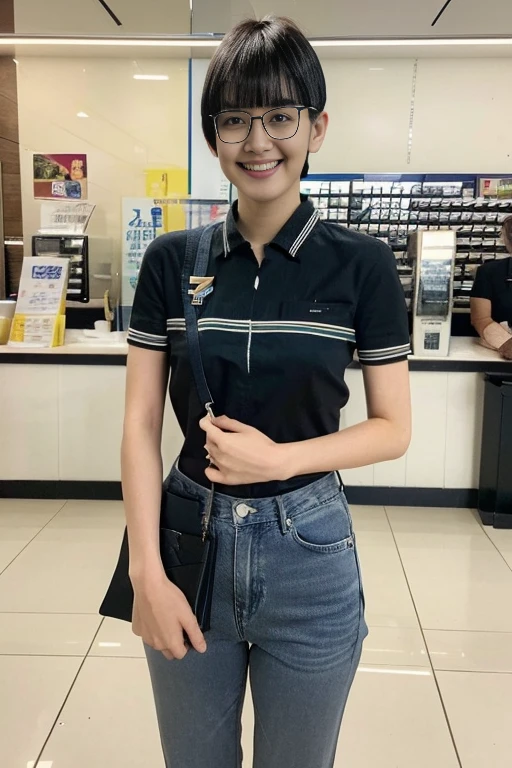 medium shot, (blue denim jeans), japanese lady, pale skin, droopy eyes, 21 year old,(Black short bowl cut hair with blunt bangs:1.3),((standing)), high quality:1.3, shoot from below,Professional lighting:2.0,realistic:1.2,(cinematic lighting), 4k resolution, detailed skin, masterpiece:1.1,(smile:1.3),(Black cell frame glasses:1.3), 7eleven, scenery, indoors, box, tiles, shop, tile floor,7elevenU, employee uniform, uniform, green shirt,