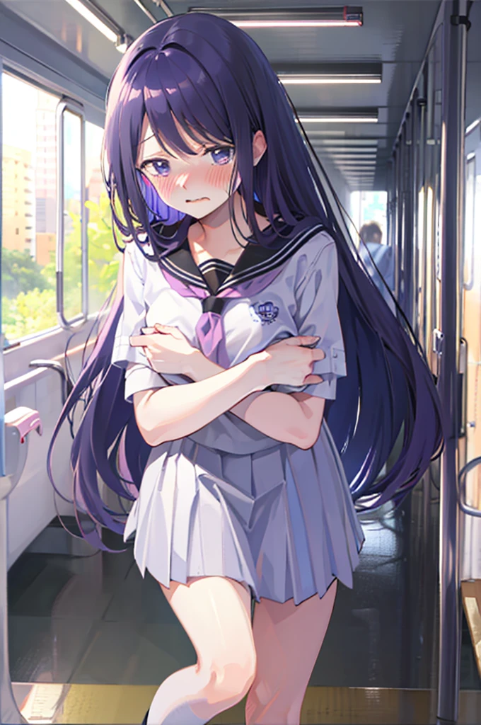 手でHide、hand bra、Hide、Blushing、school uniform、Embarrassed expression、日本の、Black Skirt、Not wearing a bra、Light purple hair、Semi-long hair、Pale purple eyes、、Blushing、lipstick、Perfect hands、Detailed hands、on the train、、hand bra、toilet
