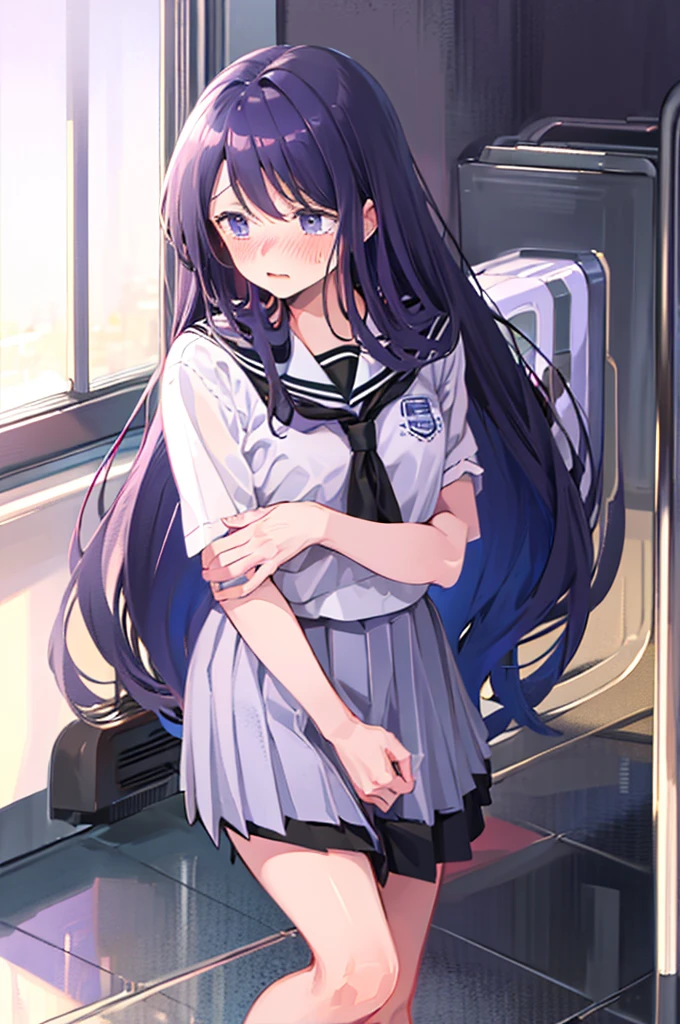 手でHide、hand bra、Hide、Blushing、school uniform、Embarrassed expression、日本の、Black Skirt、Not wearing a bra、Light purple hair、Semi-long hair、Pale purple eyes、、Blushing、lipstick、Perfect hands、Detailed hands、on the train、、hand bra、toilet
