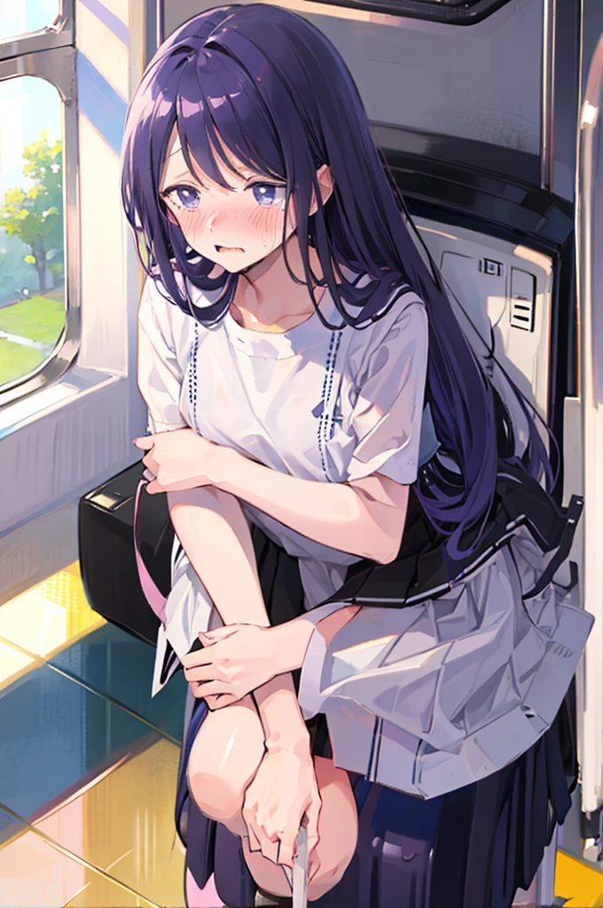 手でHide、hand bra、Hide、Blushing、school uniform、Embarrassed expression、日本の、Black Skirt、Not wearing a bra、Light purple hair、Semi-long hair、Pale purple eyes、、Blushing、lipstick、Perfect hands、Detailed hands、on the train、、hand bra、toilet
