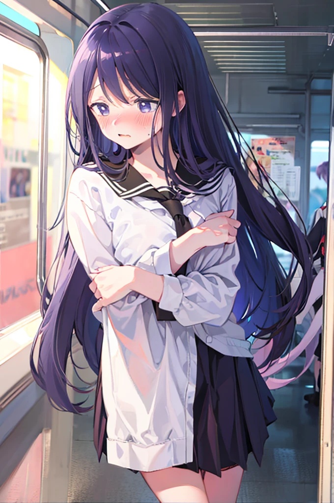 手でHide、hand bra、Hide、Blushing、school uniform、Embarrassed expression、日本の、Black Skirt、Not wearing a bra、Light purple hair、Semi-long hair、Pale purple eyes、、Blushing、lipstick、Perfect hands、Detailed hands、on the train、、hand bra、toilet
