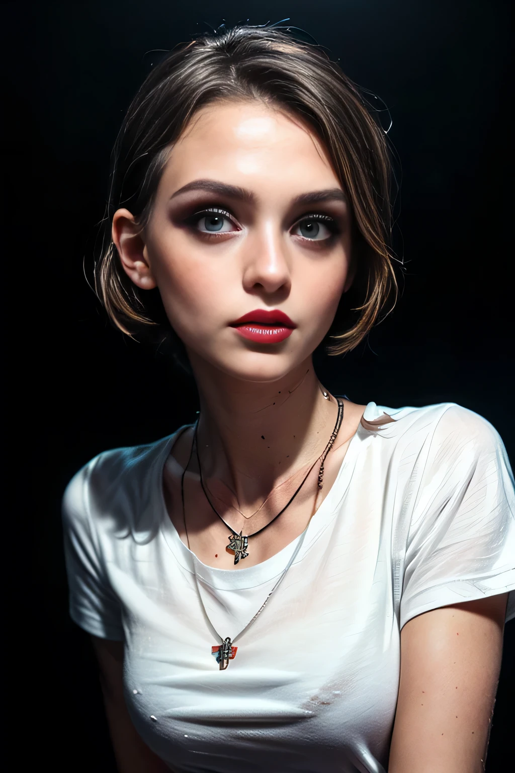 (masterpiece, photorealistic:1.4, extremely intricate:1.3, radiosity, photon mapping, dtx, 8K), ((((closeup necklace, white t-shirt, humid)), humid, [skin detail:freckles:0.6], makeup:1.6, red lips, 19 year teenage supermodel), dark room, ((black background, dark room, empty room, makeup:1.2)))