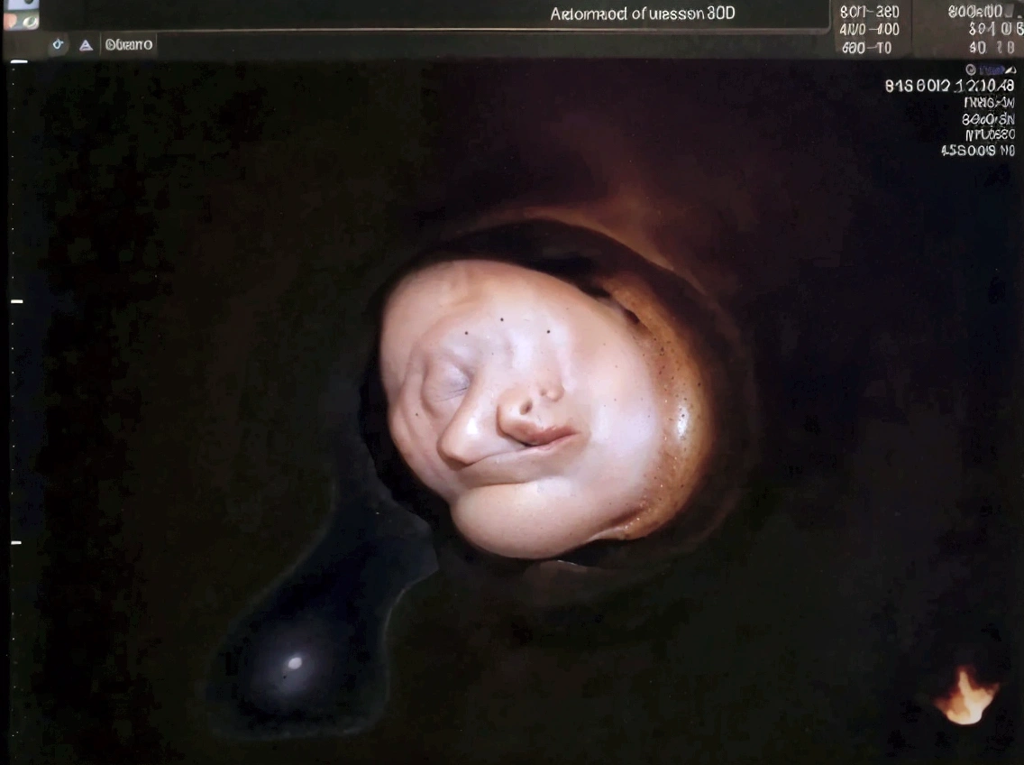Enhance this 4D ultrasound image of a 32 weeks fetus. Arafed image of a baby's face, fetus, high-resolution scan, Very chromatic aberration, extremely high-quality scan, Hyper-realistic simulation, high-quality scan, Bump mapping, High-quality 3D realism, simetry! human fetus, Realistic flesh texture, Heavy JPEG artifact blurred, Highly realistic bump mapping, high-resolution scan. A close-up image of a head with an image of a 32 weeks fetus, high-resolution scan, high-resolution scan, Escaneo 4K, Escaneo 4K, Escaneo HD, fetus, Close - IP shot, Tapa de pantalla, Medical imaging, Highly coherent image, Detailed analysis, screen capture, extremely high-quality scan, 8K scan, 8K scan, Detailed screen capture. face in profile. eyes closed