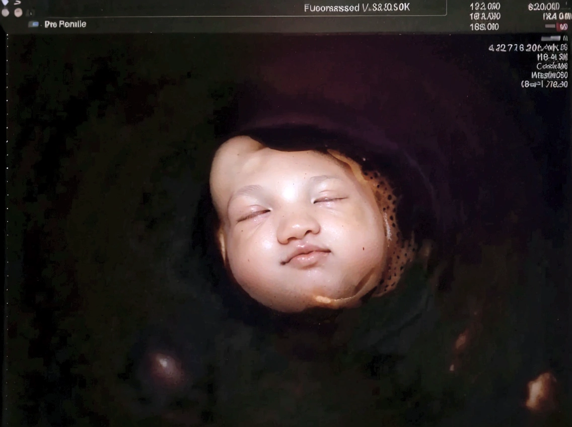Enhance this 4D ultrasound image of a 32 weeks fetus. Arafed image of a baby's face, fetus, high-resolution scan, Very chromatic aberration, extremely high-quality scan, Hyper-realistic simulation, high-quality scan, Bump mapping, High-quality 3D realism, simetry! human fetus, Realistic flesh texture, Heavy JPEG artifact blurred, Highly realistic bump mapping, high-resolution scan. A close-up image of a head with an image of a 32 weeks fetus, high-resolution scan, high-resolution scan, Escaneo 4K, Escaneo 4K, Escaneo HD, fetus, Close - IP shot, Tapa de pantalla, Medical imaging, Highly coherent image, Detailed analysis, screen capture, extremely high-quality scan, 8K scan, 8K scan, Detailed screen capture. face in profile. eyes closed