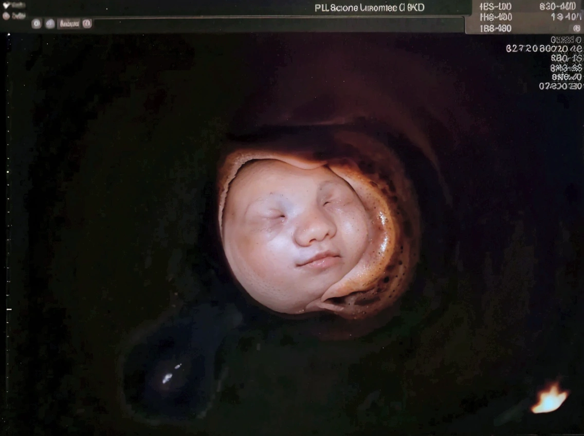 Enhance this 4D ultrasound image of a 32 weeks fetus. Arafed image of a baby's face, fetus, high-resolution scan, Very chromatic aberration, extremely high-quality scan, Hyper-realistic simulation, high-quality scan, Bump mapping, High-quality 3D realism, simetry! human fetus, Realistic flesh texture, Heavy JPEG artifact blurred, Highly realistic bump mapping, high-resolution scan. A close-up image of a head with an image of a 32 weeks fetus, high-resolution scan, high-resolution scan, Escaneo 4K, Escaneo 4K, Escaneo HD, fetus, Close - IP shot, Tapa de pantalla, Medical imaging, Highly coherent image, Detailed analysis, screen capture, extremely high-quality scan, 8K scan, 8K scan, Detailed screen capture. face in profile. eyes closed