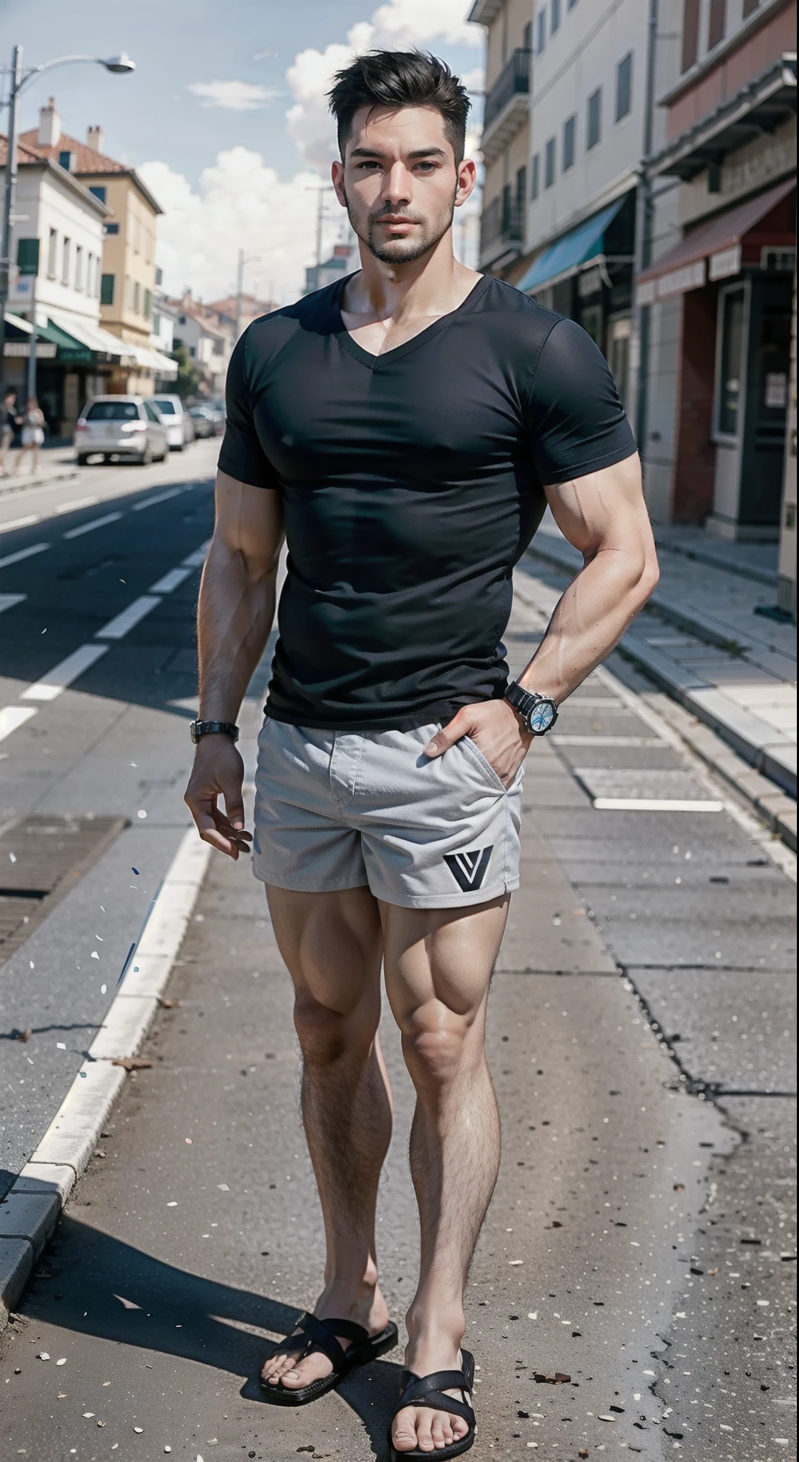 high resolution image of a man alone, very muscly, white-skinned, showing full body, Straight long hair, muscular arms, wearing a black V-neck t-shirt untucked from the shorts, wearing long blue shorts, in muscular body, wearing flip flops, wearing black Garmin watch, wearing silver bracelet, standing on Venice Beach blurred in the background, With Sun, looking at camera, perfect italian style face, fine nose, squared chin, with beard, pink mouth lips, cloused mouth, well-defined eyes with blue iris, showing muscular legs, 8K ultra resolution.