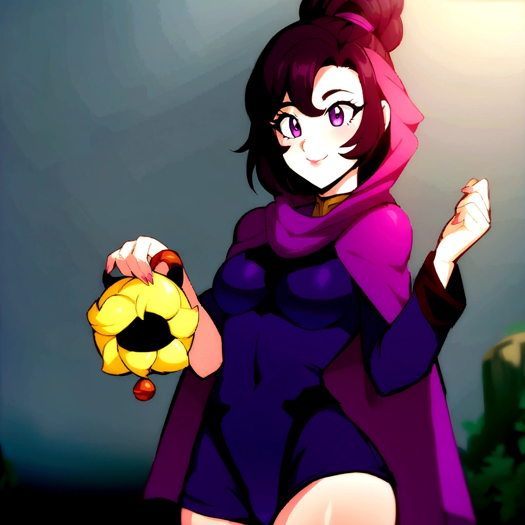 anime girl in a purple cape holding a yellow object, female protagonist 👀 :8, high quality fanart, muffet from undertale, detailed fanart, commission for high resolution, official fanart, Samira de League of Legends, annie from league of legends, must tear from the overlord, pokemon anime style, oc commission, background art, anime moe art style,with large and beautiful breasts, Her breasts can almost be seen through her clothes,your breasts are very prominent 