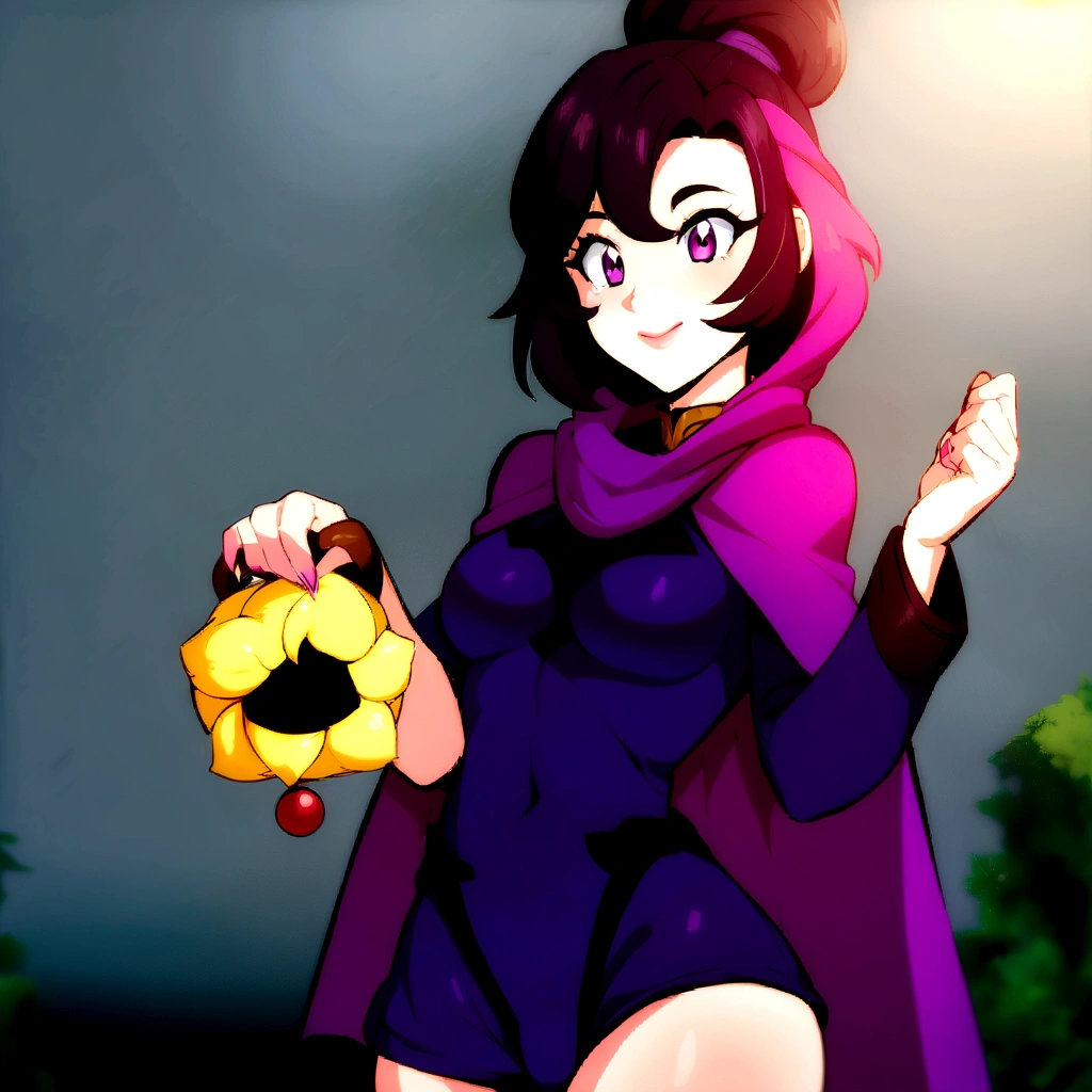 anime girl in a purple cape holding a yellow object, female protagonist 👀 :8, high quality fanart, muffet from undertale, detailed fanart, commission for high resolution, official fanart, Samira de League of Legends, annie from league of legends, must tear from the overlord, pokemon anime style, oc commission, background art, anime moe art style,with large and beautiful breasts, Her breasts can almost be seen through her clothes,your breasts are very prominent 