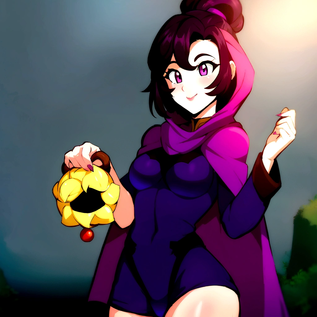 anime girl in a purple cape holding a yellow object, female protagonist 👀 :8, high quality fanart, muffet from undertale, detailed fanart, commission for high resolution, official fanart, Samira de League of Legends, annie from league of legends, must tear from the overlord, pokemon anime style, oc commission, background art, anime moe art style,with large and beautiful breasts, Her breasts can almost be seen through her clothes,your breasts are very prominent