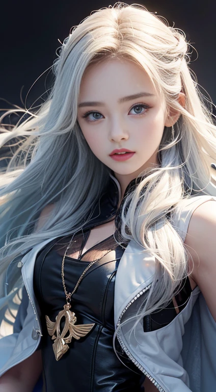 Close-up of a woman in a white dress and jacket, Zhang Han&#39;s realistic paintings,Erotic Queen、Beautiful Eros Queen、 Trending on Art Station, Fantasy art, perfect have Gray Hair girl, have Gray Hair, has long Gray Hair, Gray Hair, หญิงสาวที่have Gray Hair, ทีฟา ล็อกฮาร์ต Gray Hair, have Gray Hair lady, Gouache-style artwork showing crotch、