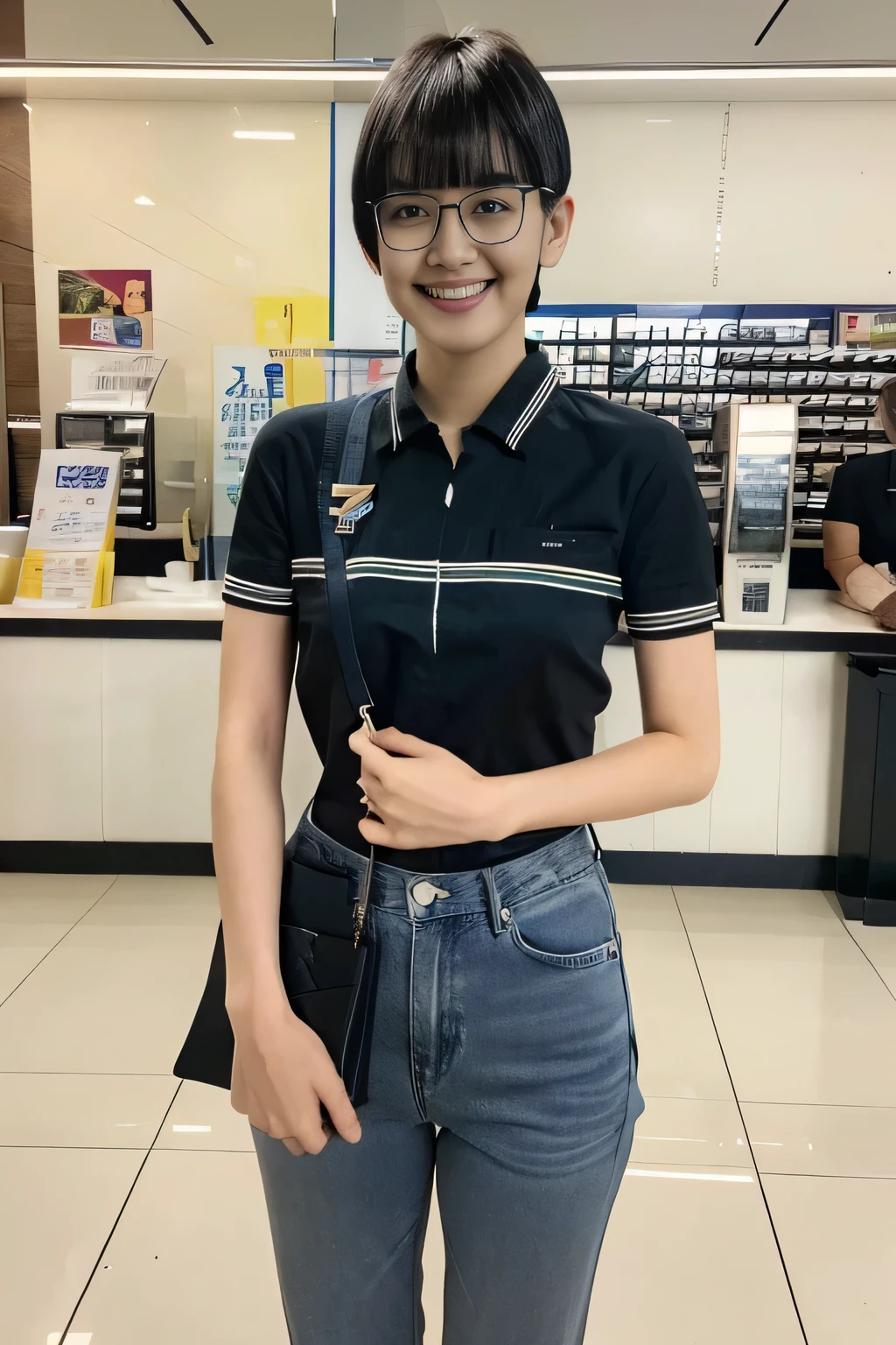 medium shot, (blue denim jeans), japanese lady, pale skin, droopy eyes, 21 year old,(Black short bowl cut hair with blunt bangs:1.3),((standing)), high quality:1.3, shoot from below,Professional lighting:2.0,realistic:1.2,(cinematic lighting), 4k resolution, detailed skin, masterpiece:1.1,(smile:1.3),(Black cell frame glasses:1.3), 7eleven, scenery, indoors, box, tiles, shop, tile floor,7elevenU, employee uniform, uniform, green shirt,
