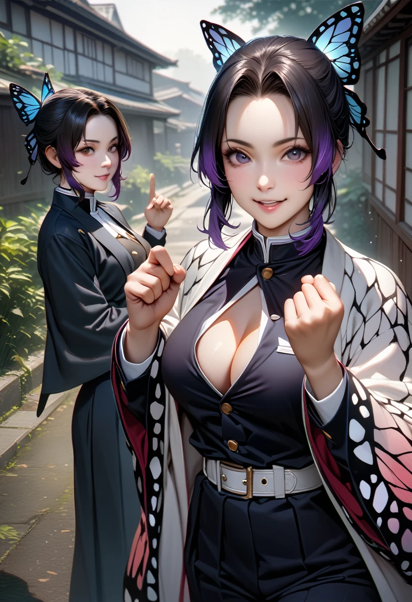 shinobu kochou, animal print, black hair, butterfly, butterfly hair ornament, butterfly print, forehead, gradient hair, hair ornament, haori, multicolored hair, parted bangs, purple hair, short hair, two-tone hair,belt, black pants, butterfly print, coat, demon slayer uniform, haori, japanese clothes, pants, uniform,,mature female,perfect hands, perfect finger,perfect ???????, masterpiece, best quality,realistic, hyperrealistic, 16k hdr,medium breasts,outdoor,fighting pose,smile,open jacket,cleavage,erected nipples
