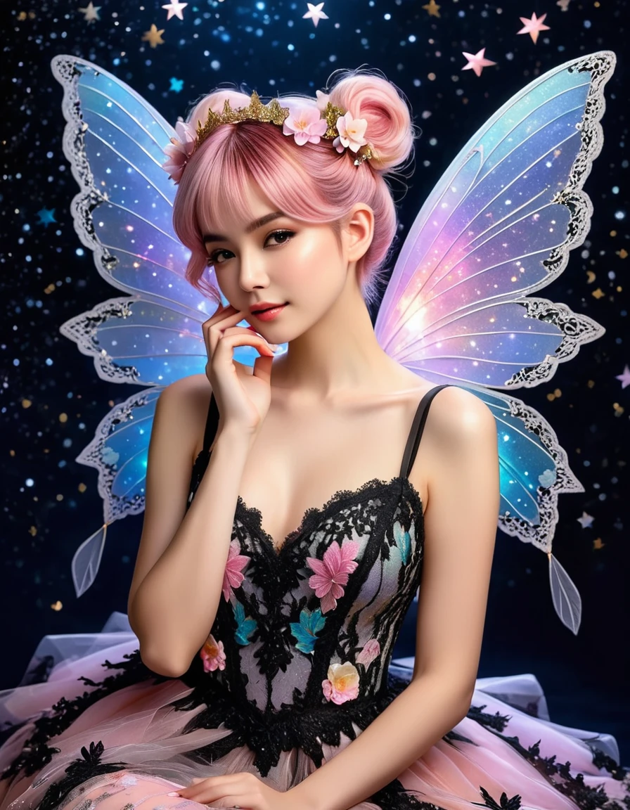 A delicate fairy with short pink hair styled in a loose bun adorned with flowers, wearing a black and white lace dress with intricate details. She has large, translucent wings that sparkle with iridescent colors against a dark, starry background. The lighting highlights her ethereal beauty and the intricate lace of her dress. The fairy's pose is elegant, with one hand gently touching her face and a soft, dreamy expression. The overall image has a magical, enchanting atmosphere with vibrant colors and fine details. (Distant full body view:1.8), (View from side:1.5), Hyper realistic photo, vibrant colors, 16k