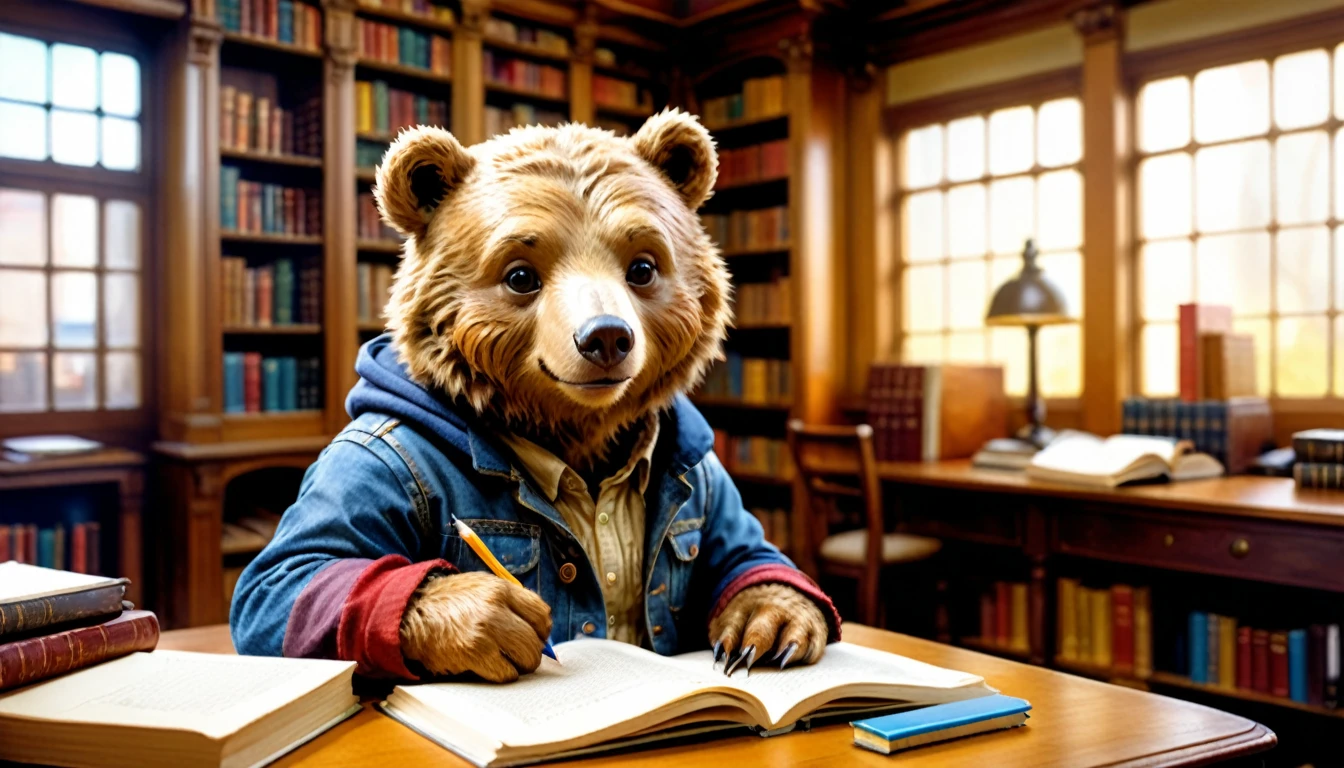 (photography film style), anthropomorphic, cute little bear, , library, studying, 2D, colorful, warm atmosphere, shiny, Jean-Baptiste Monge style, Alan Lee style