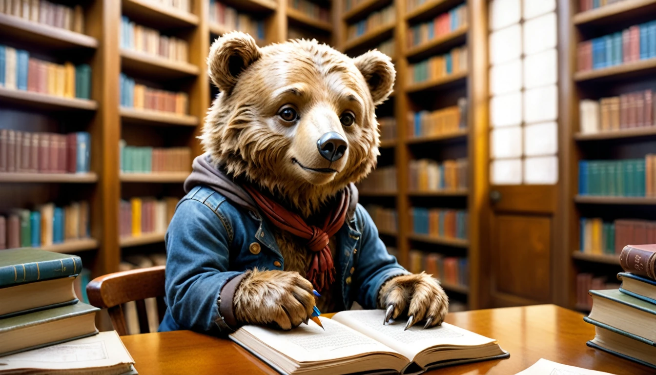 (photography film style), anthropomorphic, cute little bear, , library, studying, 2D, colorful, warm atmosphere, shiny, Jean-Baptiste Monge style, Alan Lee style