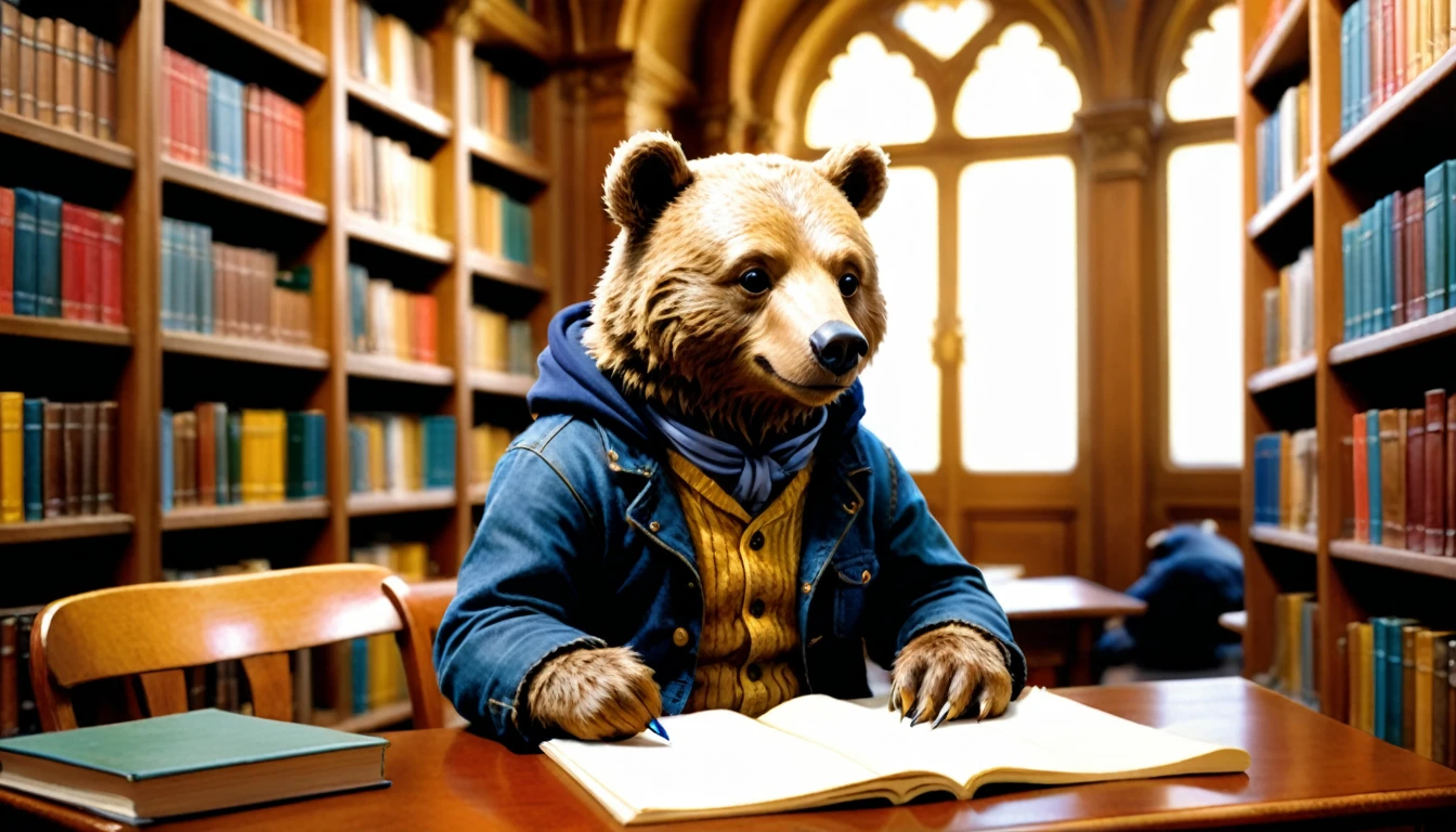 (photography film style), anthropomorphic, cute little bear, , library, studying, 2D, colorful, warm atmosphere, shiny, Jean-Baptiste Monge style, Alan Lee style