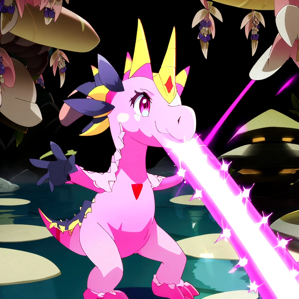 A girl dressed as a pink dinosaur, Amy Starlet de grand chase, pigtail hairstyles, pink hair, shooting a pink laser beam out of its mouth, anime screencap, masterpiece, best quality, super detailed