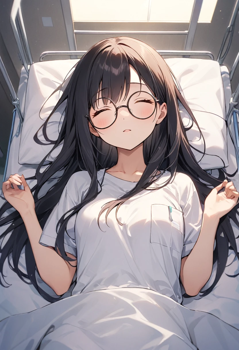 girl(Round Glasses、low length、Long Hair)Hospital bed(Sleeping on your back、Hands are straight)