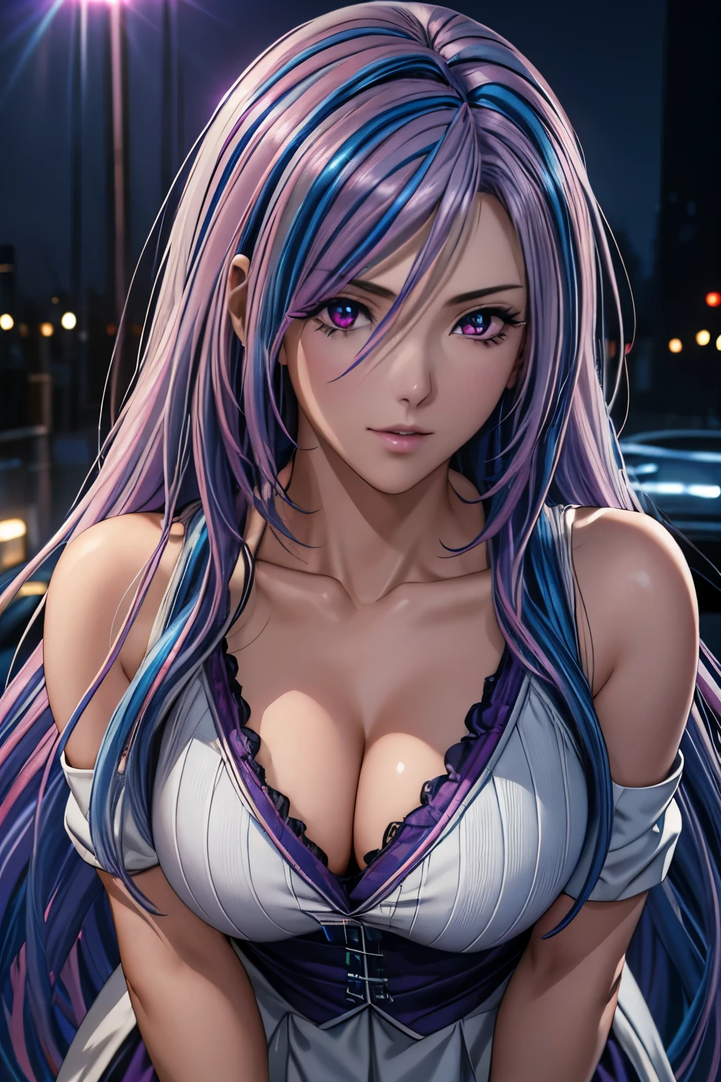 best quality, masterpiece, high resolution, A girl, blond, red eyes, Fashion, necklace, jewelry, Pretty Face, Perfect breasts, more than_Body, Tyndall effect, lifelike, Dark Studio, Side light, Two-color lighting, (HD Skin:1.2), ((Half Body Shot)), ((closeup shot)), mature woman, one person, (Silver blue hair streaked pink purple:1.4), (Gradient sky blue hair ends:1.6), hair strand, absurdly long hair, single sidelock, wavy hair, shiny hair, floating hair, (Illusion deep purple eyes), delicate eyes, aqua eyes, super high detailed eyes, long upper eyelashes, ((glowing eyes)), makeup, Focus on face, Very detailed facial, hot body, break, on the street, looking at the starry night sky, meteor, Technical clothing masterpiece, White extra long skirt, cyberpunk, detailed background, perfect layer cut, clean focus, realism, chiaroscuro, (glowing light), sparkle, ray tracing, cinematic lighting, Futurism, motion blur, atmospheric perspective, Depth of Field, Bokeh, best quality, UHD, super detail, masterpiece, highres, ccurate, retina, anatomically correct