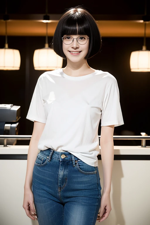 medium shot, ((white T-shirt and blue denim jeans)), japanese lady, pale skin, droopy eyes, 21 year old,(Black short bowl cut hair with blunt bangs:1.3),((standing)), high quality:1.3, shoot from below,Professional lighting:2.0 realistic:1.2,(cinematic lighting), 4k resolution, detailed skin, masterpiece:1.1, ((heyapanel)), (lovehotel), reception, scenery, japan,(smile:1.3),((night)), (Entrance of lovehotel),(Black cell frame glasses:1.3),(nipples poking through clothes),