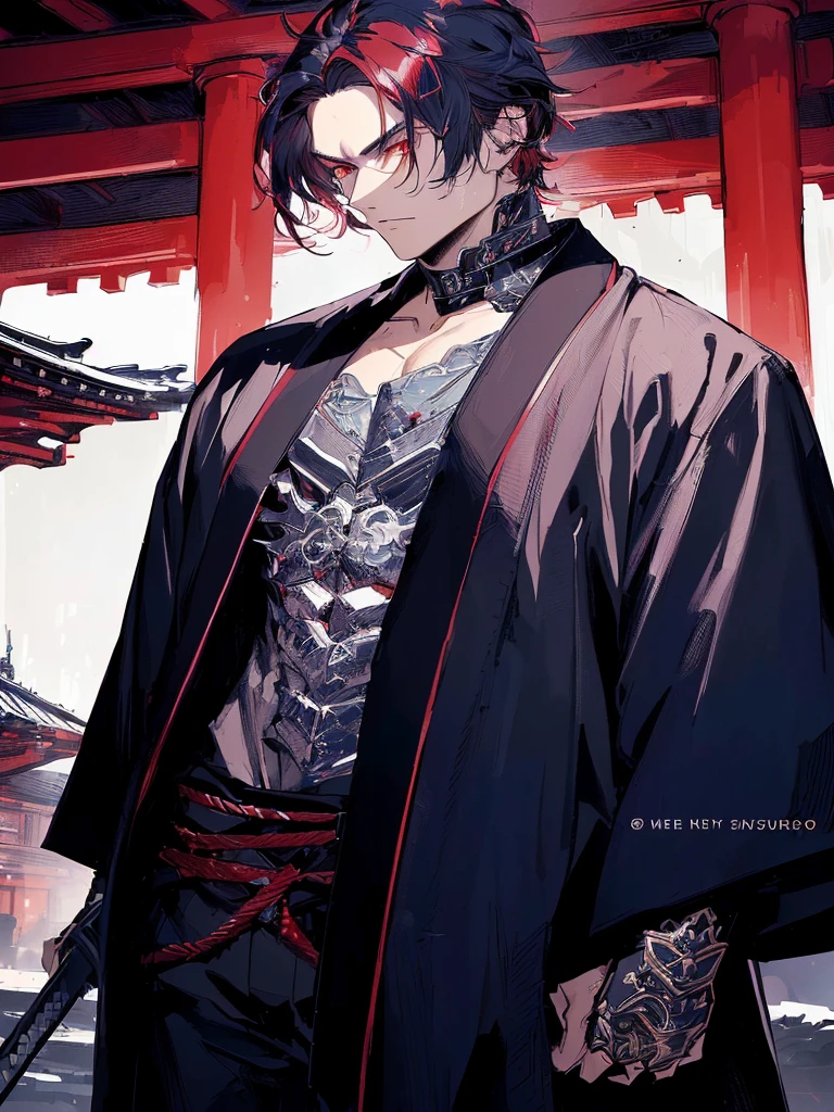 (absurdres, highres, ultra detailed), masterpiece, best quality, a man in a black outfit, red hair, battojutsu stance, sword surrounded by flame, solo, handsome, finely eye, detailed face, short hair, vibrant red eye, ruined city, dark background, from below, look down, cowboy shot, swirl, vortex, spark