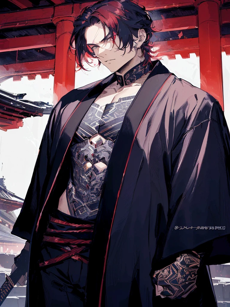 (absurdres, highres, ultra detailed), masterpiece, best quality, a man in a black outfit, red hair, battojutsu stance, sword surrounded by flame, solo, handsome, finely eye, detailed face, short hair, vibrant red eye, ruined city, dark background, from below, look down, cowboy shot, swirl, vortex, spark