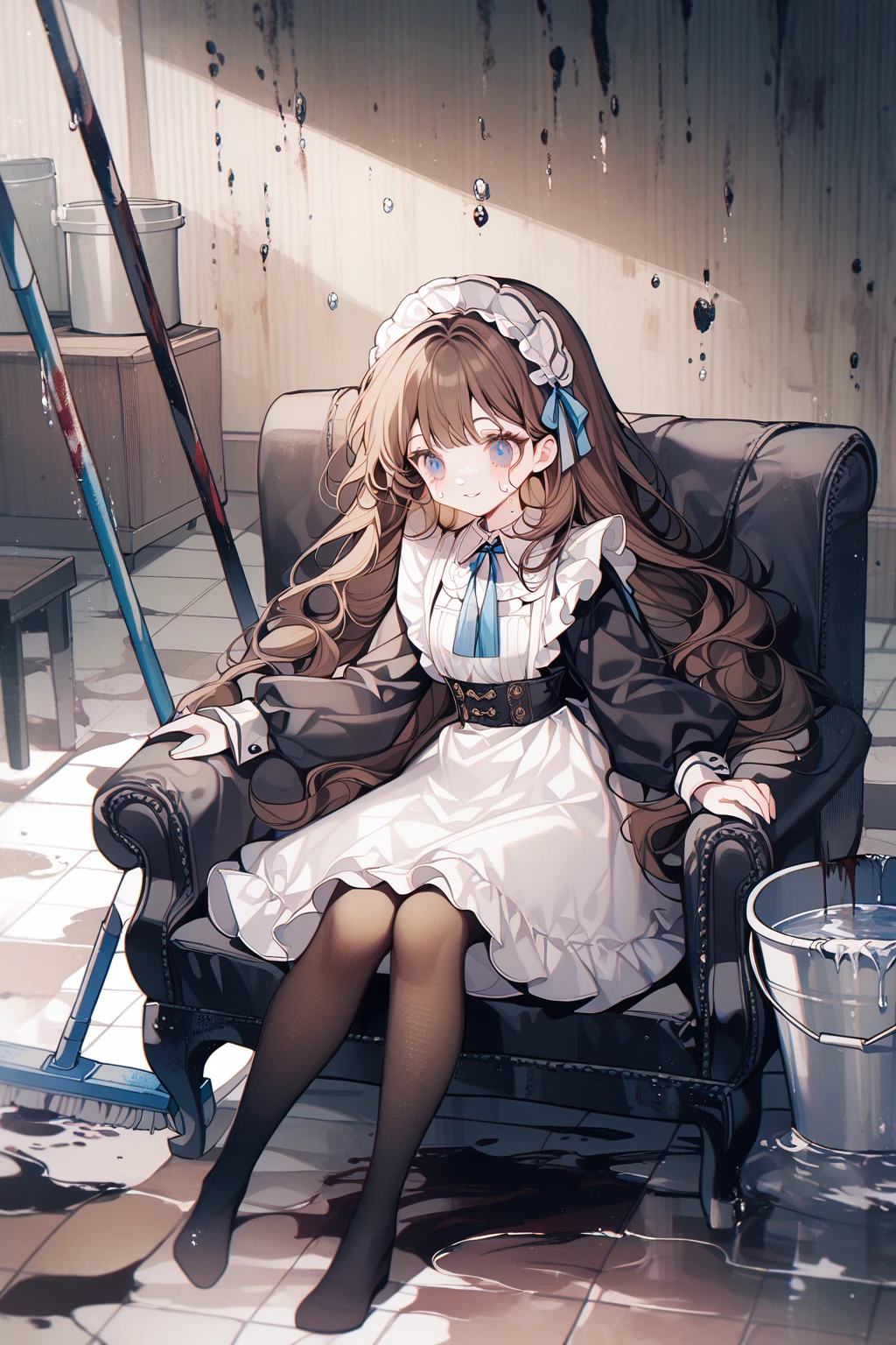 by ttosom, 1 girl, CuteStyle, upper body, blue eyes, brown hair, long hair with bangs, dressed in a long black maid dress, white apron, white sleeve cuffs, long sleeves, white maid headdress, transparent black tights, sitting on a black sofa, next to a mop and a bucket of water, white tiled floor, blood on the floor, indoors, black fog around the room, looking down, smile, sweat on the face, blush, detailed, beautiful, delicate tones