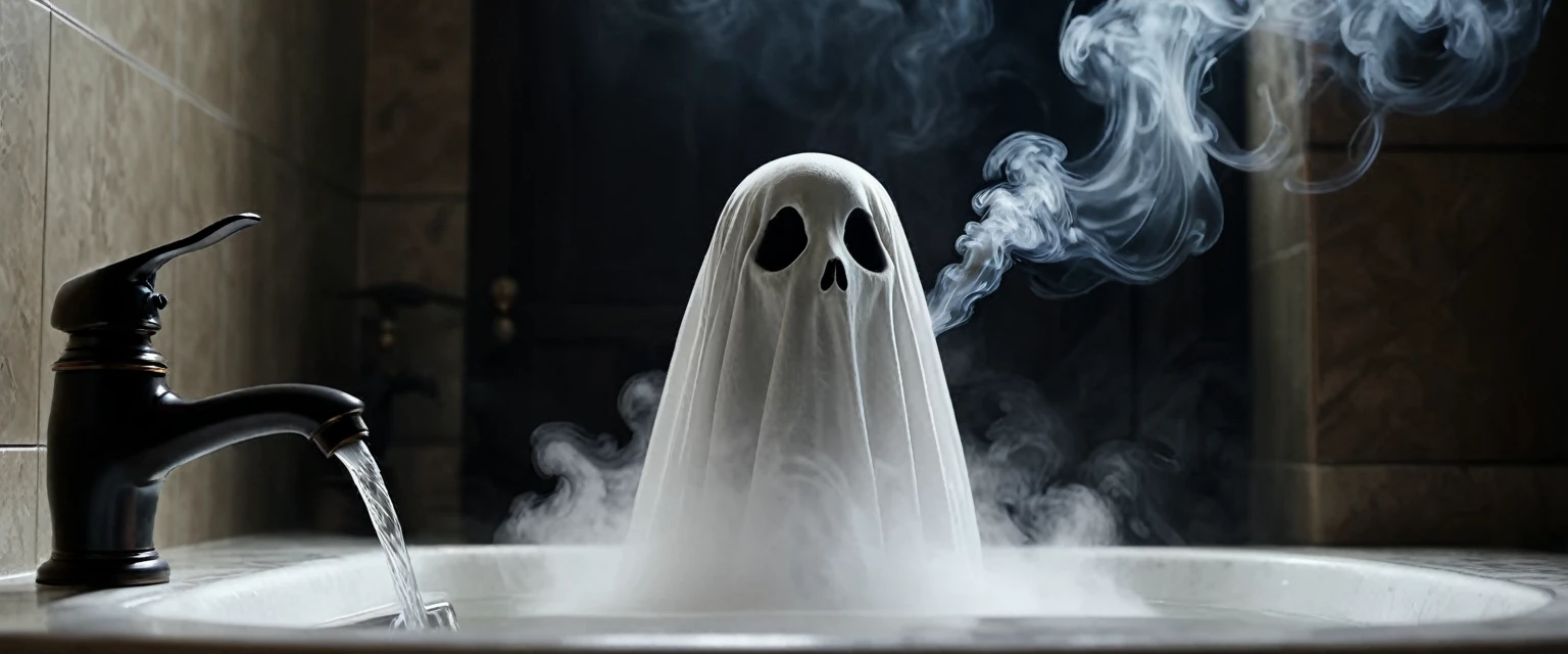 ghost hand made of smoke, show ghost hand holding water tap in old style bathroom. midnight, low lights, blowing wind, foggy, smoky, scary, 8k quality video, very detailed, very realistic, very focused, cinematic