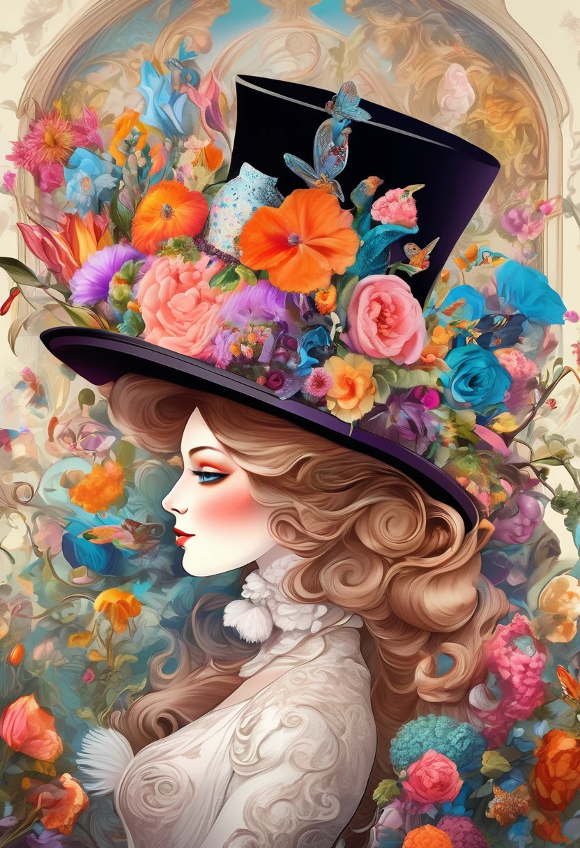 In a beautiful surreal portrait, Curious woman wearing a flower-decorated high hat、(((A top hat decorated with lots of flowers、Flower arrangement top hat)))、 This image is truly a surrealist piece of digital art., Inspired by the magical works of Maxim Verekin. The details of the illustrations are impressive, Vibrant colors and fascinating textures catch the viewer's attention. A portrait that captures the essence of Flower Storm, An emotional blend of dream and natural elements. Through photo manipulation and surrealist techniques, Portraits come to life, Beyond the boundaries of reality、Transport your audience to a world full of imagination and wonder. Style refers to the influence of Alexander Jansson, In a dreamy, dreamy atmosphere, Where surrealism meets fantasy. Every digital stroke is、Well-built,Convey a unique and captivating aesthetic. Inspired by Alberto Seveso, The depiction of surrealism is、Smooth brush strokes give a lively impression, Remember the dance of movement and change. This beautiful digital art is、that'Celebrating human creativity and our ability to transcend the boundaries of reality, The audience is immersed in a world full of imagination and charm.