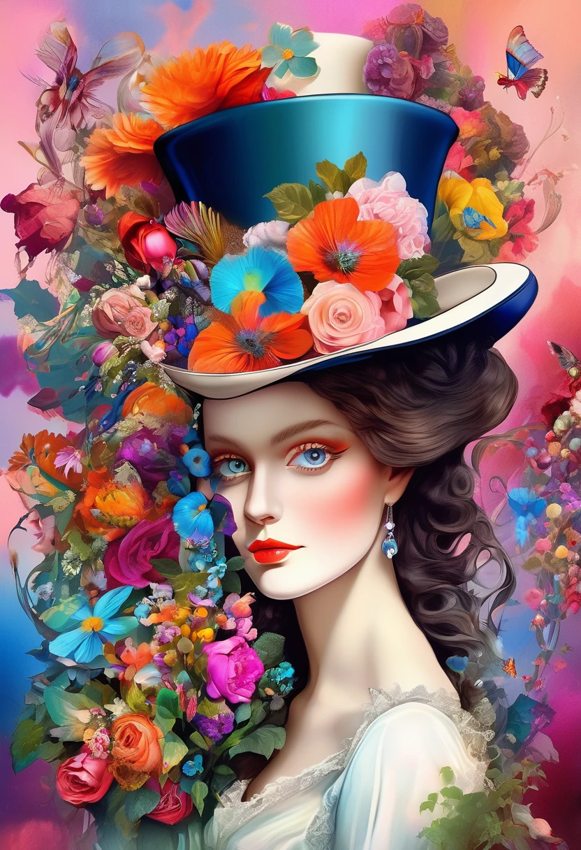 In a beautiful surreal portrait, Curious woman wearing a flower-decorated high hat、(((A top hat decorated with lots of flowers、Flower arrangement top hat)))、 This image is truly a surrealist piece of digital art., Inspired by the magical works of Maxim Verekin. The details of the illustrations are impressive, Vibrant colors and fascinating textures catch the viewer's attention. A portrait that captures the essence of Flower Storm, An emotional blend of dream and natural elements. Through photo manipulation and surrealist techniques, Portraits come to life, Beyond the boundaries of reality、Transport your audience to a world full of imagination and wonder. Style refers to the influence of Alexander Jansson, In a dreamy, dreamy atmosphere, Where surrealism meets fantasy. Every digital stroke is、Well-built,Convey a unique and captivating aesthetic. Inspired by Alberto Seveso, The depiction of surrealism is、Smooth brush strokes give a lively impression, Remember the dance of movement and change. This beautiful digital art is、that'Celebrating human creativity and our ability to transcend the boundaries of reality, The audience is immersed in a world full of imagination and charm.