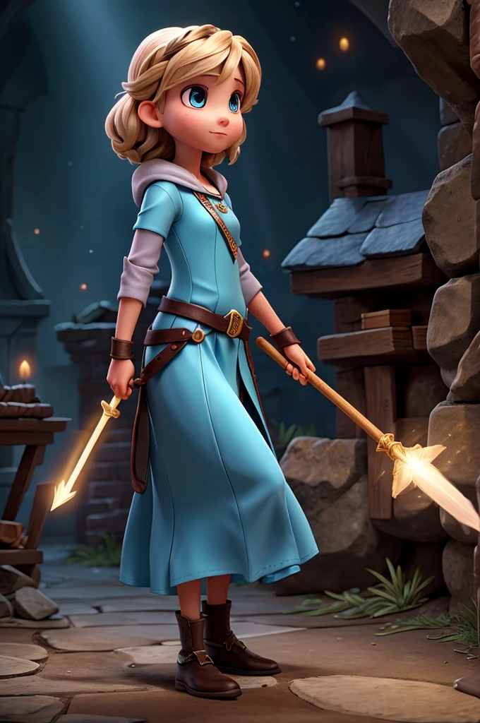 Young light mage doing magic with her beautiful staff in hand
