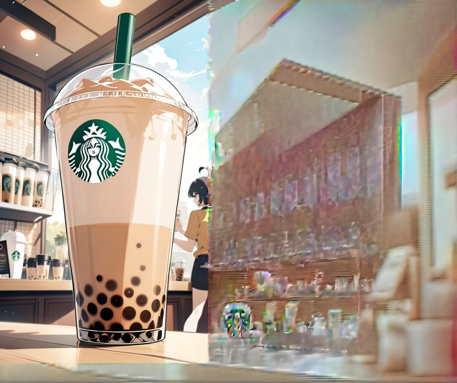 a plain wooden table with a large display case in the background with some customers drinking their starbucks coffee