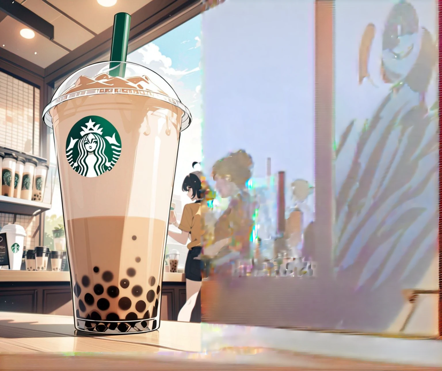 a plain wooden table with a large display case in the background with some customers drinking their starbucks coffee